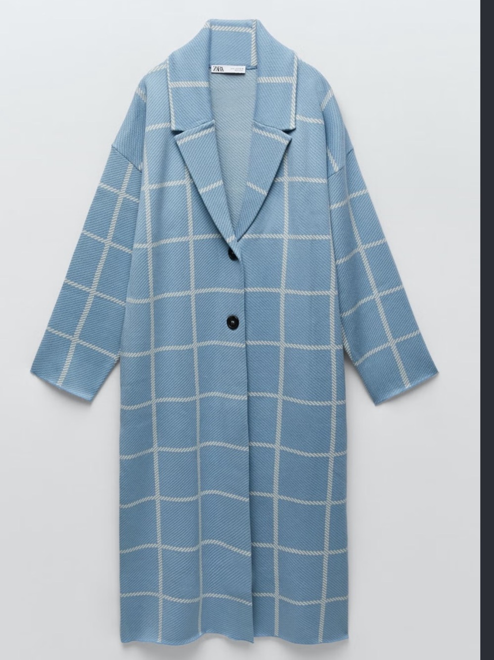 Zara Blue and White Checked Longline Knit-Like Feel Coat